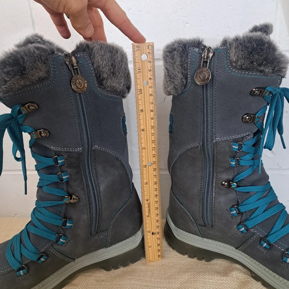 Santana Canada Marinda Grey Turquoise Tall Leather Lace Up Winter Boots 10